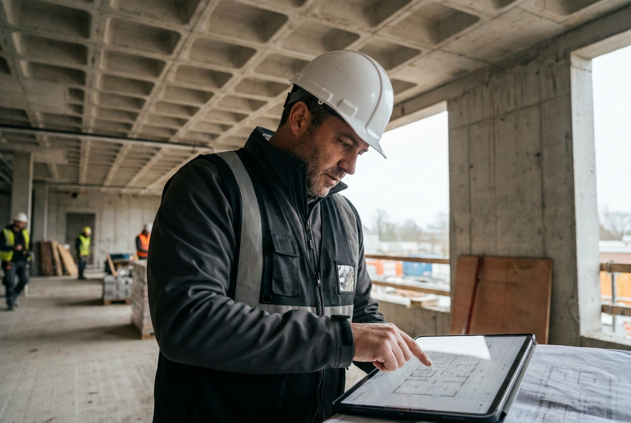 Parkpeak project manager reviewing plans on site in a structurally complete building